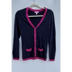 Lilly Pulitzer Navy Pink Trim Cardigan Bow Pockets Pearl Buttons Silk Blend S